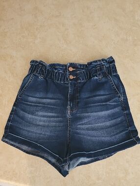 High-Waist Paperbag Dark Blue Denim Shorts